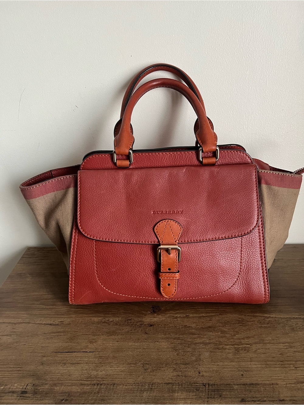 Burberry Red Leather and Canvas Top-Handle Satchel with Tan Trim
